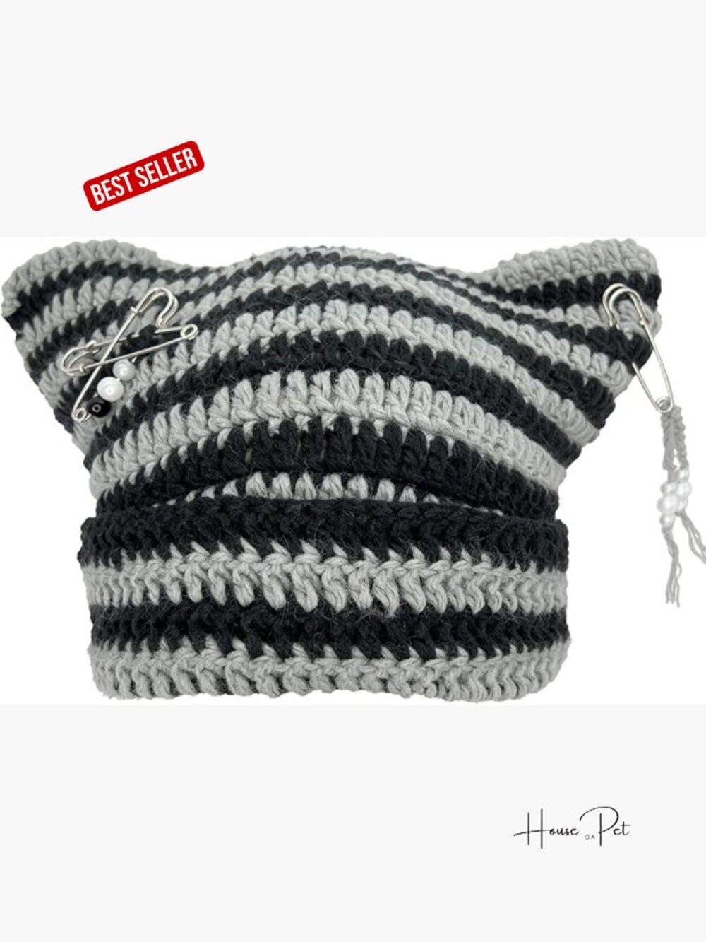 Cat Ear Beanie Hat, Y2K Striped Slouchy Crochet Goth Style with DIY Accessories